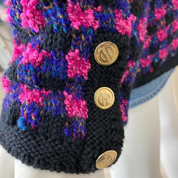 Emma Camusso Vintage Wool Chunky Knit Cardigan Pink Black Purple XL - Picture 10 of 14